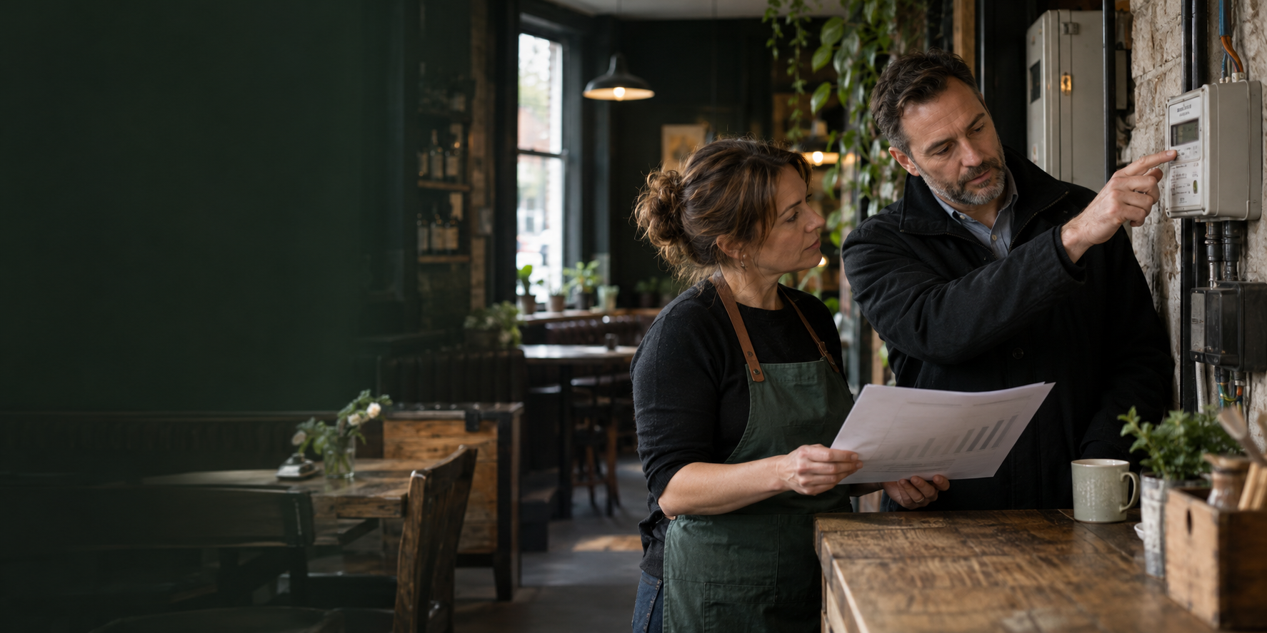 Business owner reviewing an energy meter and usage figures with an adviser